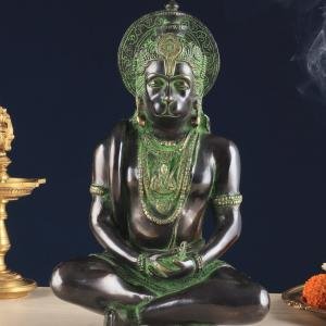 Brass Hanuman Meditation Idol 11" | Black & Green Tone | Lord Ram Engraving | 5 kg Divine Energy | 7" Width, 4.5" Depth | Invite Positivity & Good Health